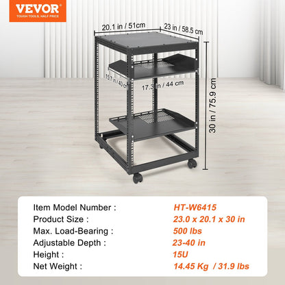 15U Open Frame Server Rack - Adjustable 23"–40" Depth, Wall Mount or Freestanding 4-Post Network Rack