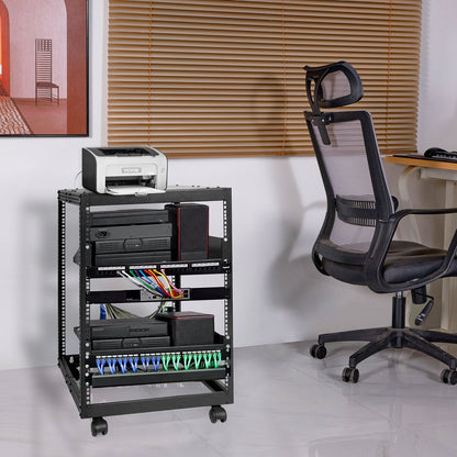 15U Open Frame Server Rack - Adjustable 23"–40" Depth, Wall Mount or Freestanding 4-Post Network Rack